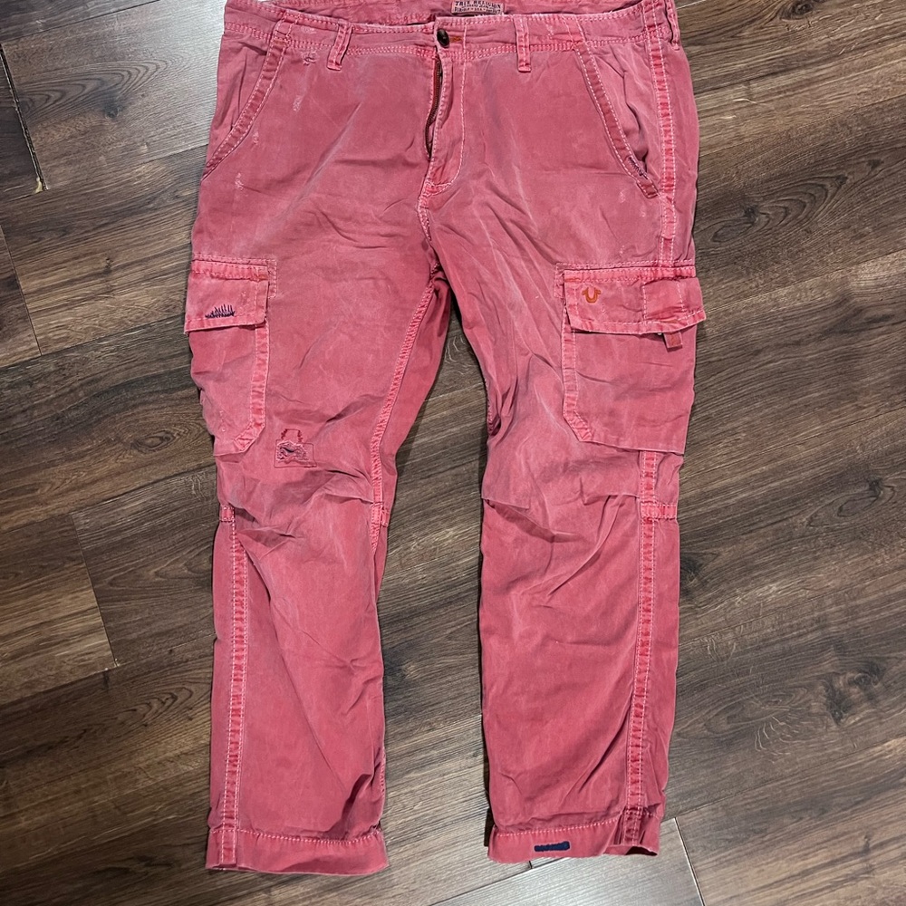 Vintage Men's True Religion Red Baggy Cargo Pants 42